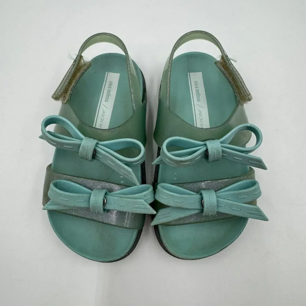 Mini Melissa X Jason Wu Aqua Green Cosmic Sandals Girls Size 8 With Bow Detail